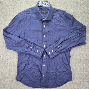 Masutto Shirt Mens Large Navy Blue Linen Button Down Flip Cuff Trim Button Up